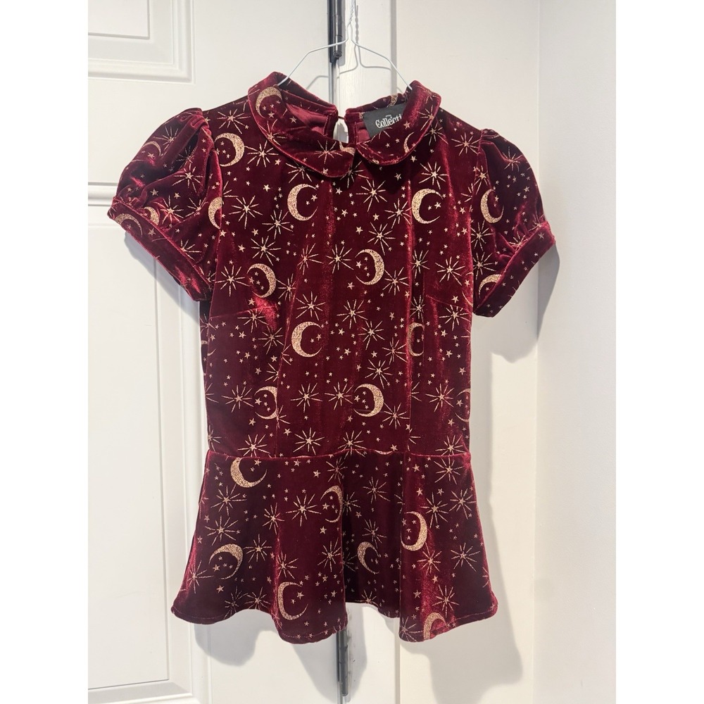 Collectif Celestial Burgundy Short Sleeves Top Moon Stars Womens 4 NWT Boho
